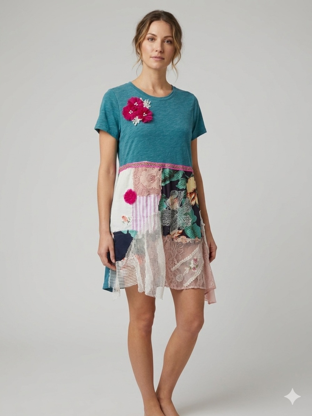 Upcycled Boho Patchwork T-Shirt Dress or Tunic Size M